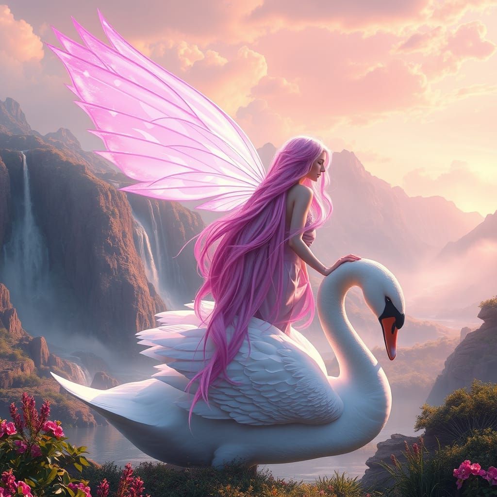 Ethereal Fairy on Regal Swan in Dreamlike Landscape