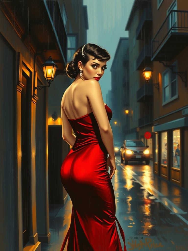 Femme Fatale in 1950s Gown, Gauche Painting