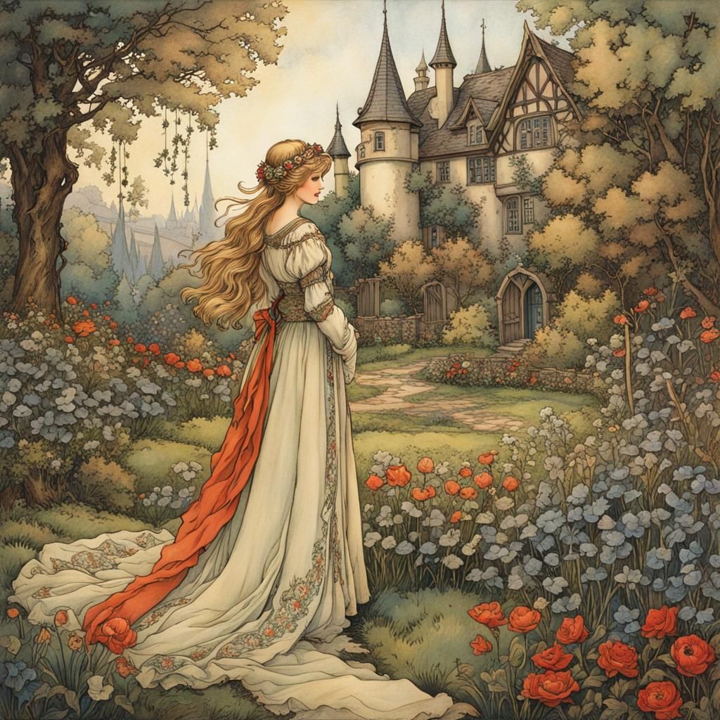 Medieval Maiden in Garden, Arthur Rackham Style