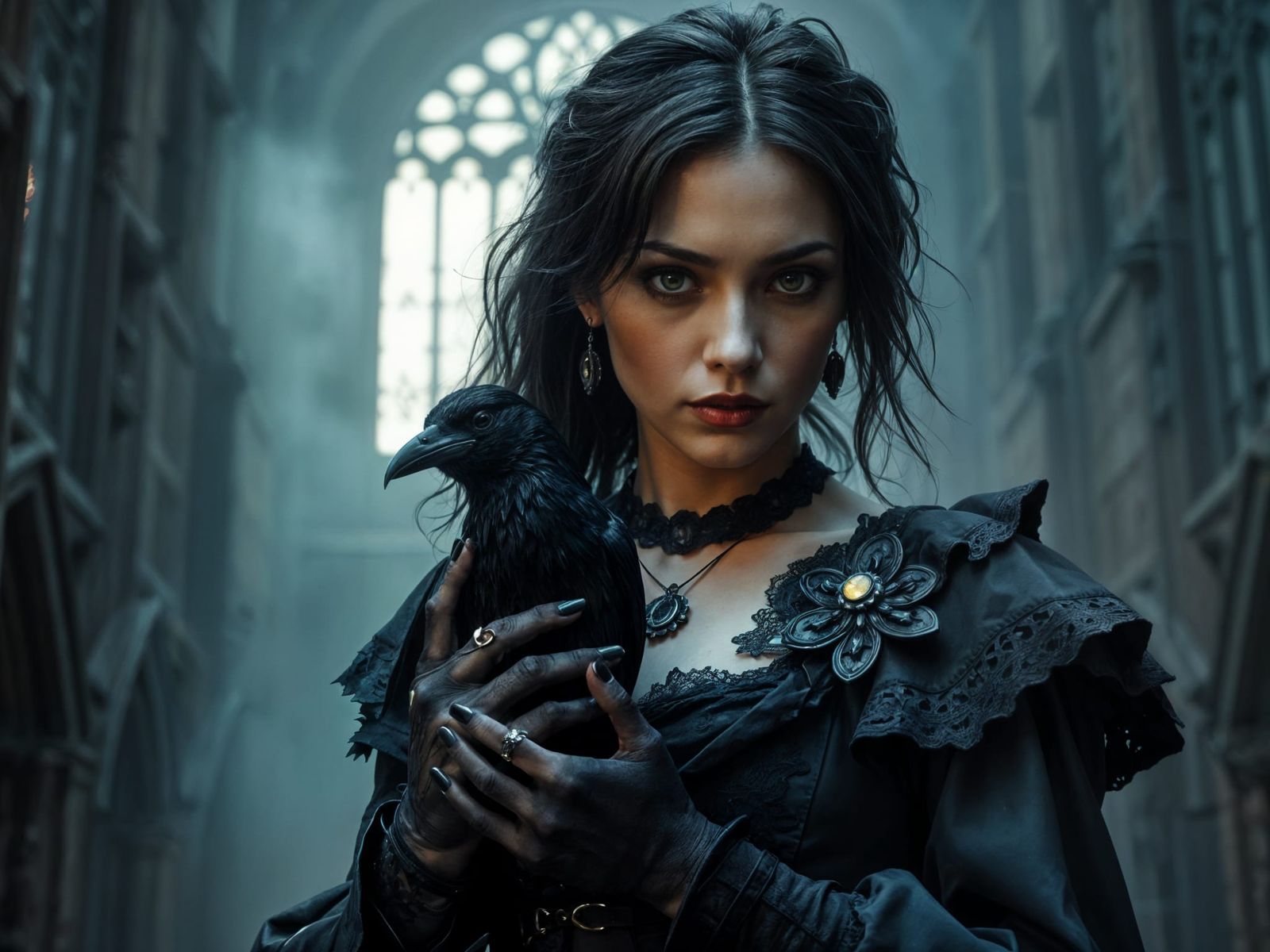 Gothic Woman with Raven in Dystopian Cathedral