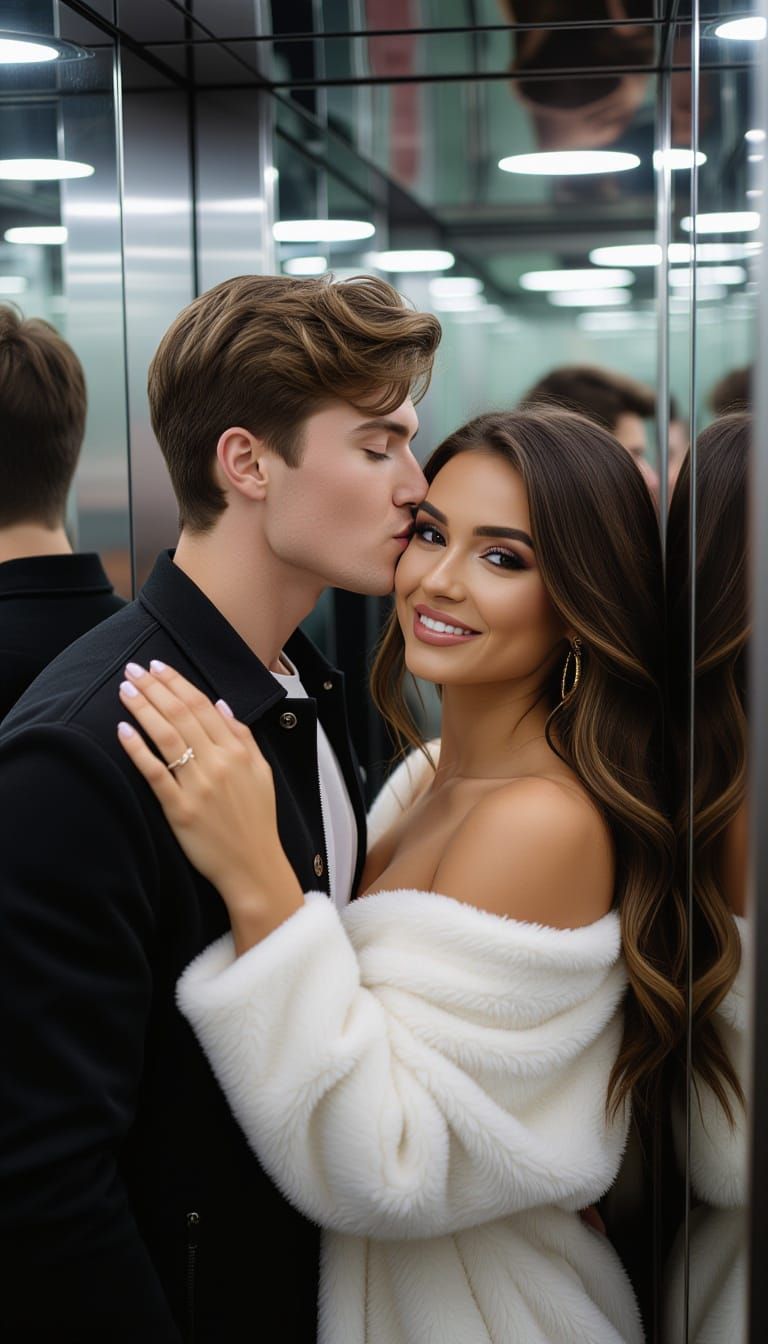 Romantic Moment in Reflective Elevator