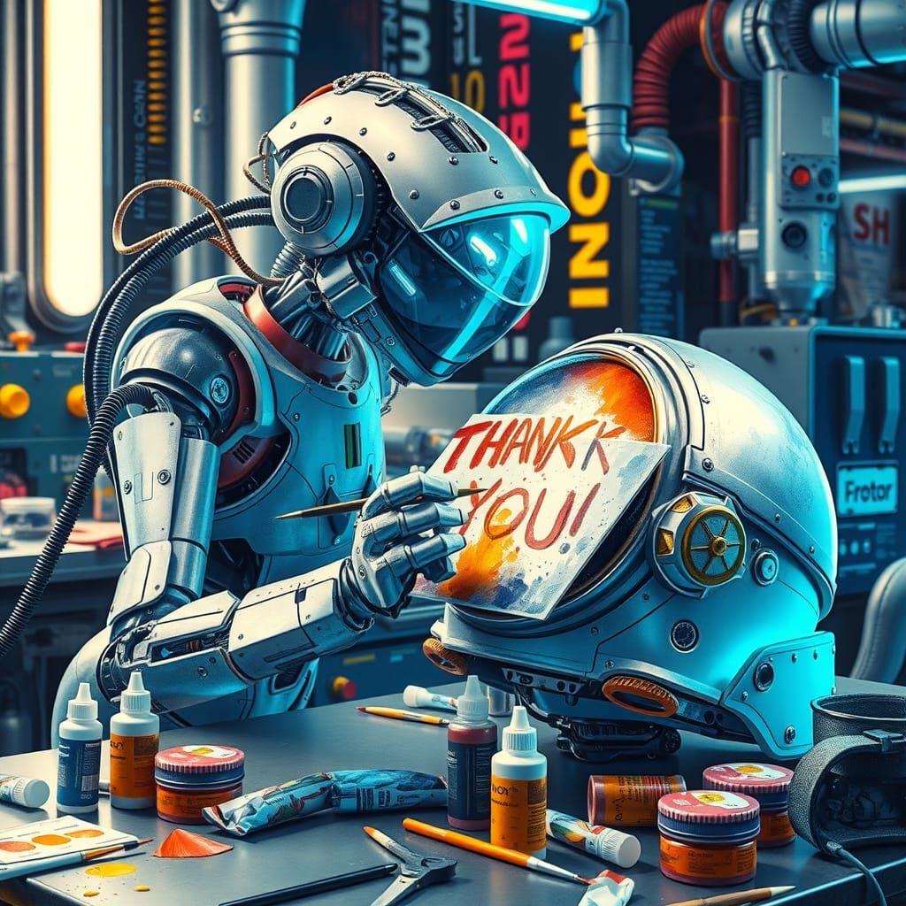 Futuristic Space Workshop Cyborg Paints Vibrant Message on H...