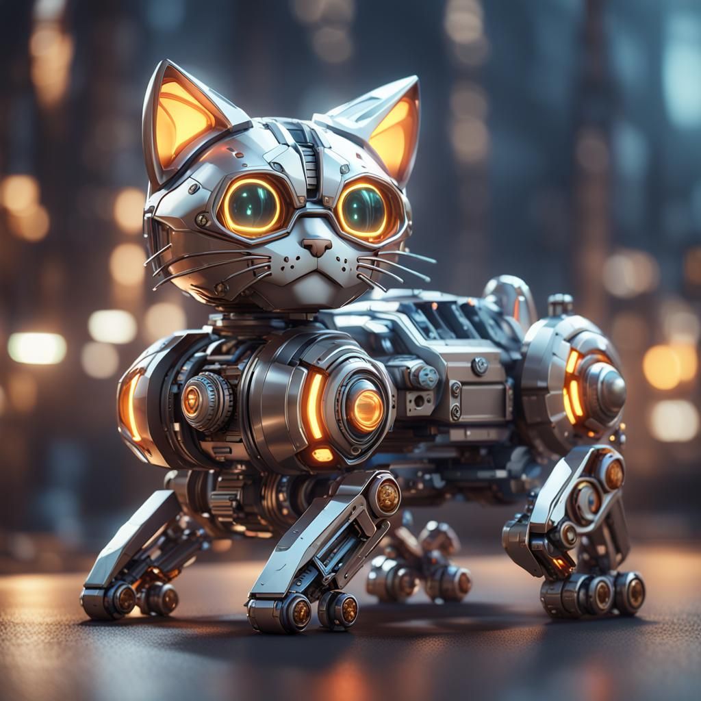 Cute Cat with Intricate Mech Details in Sci-Fi Style