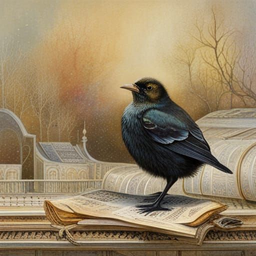 Blackbird Chick on Piano, Illustrated Style