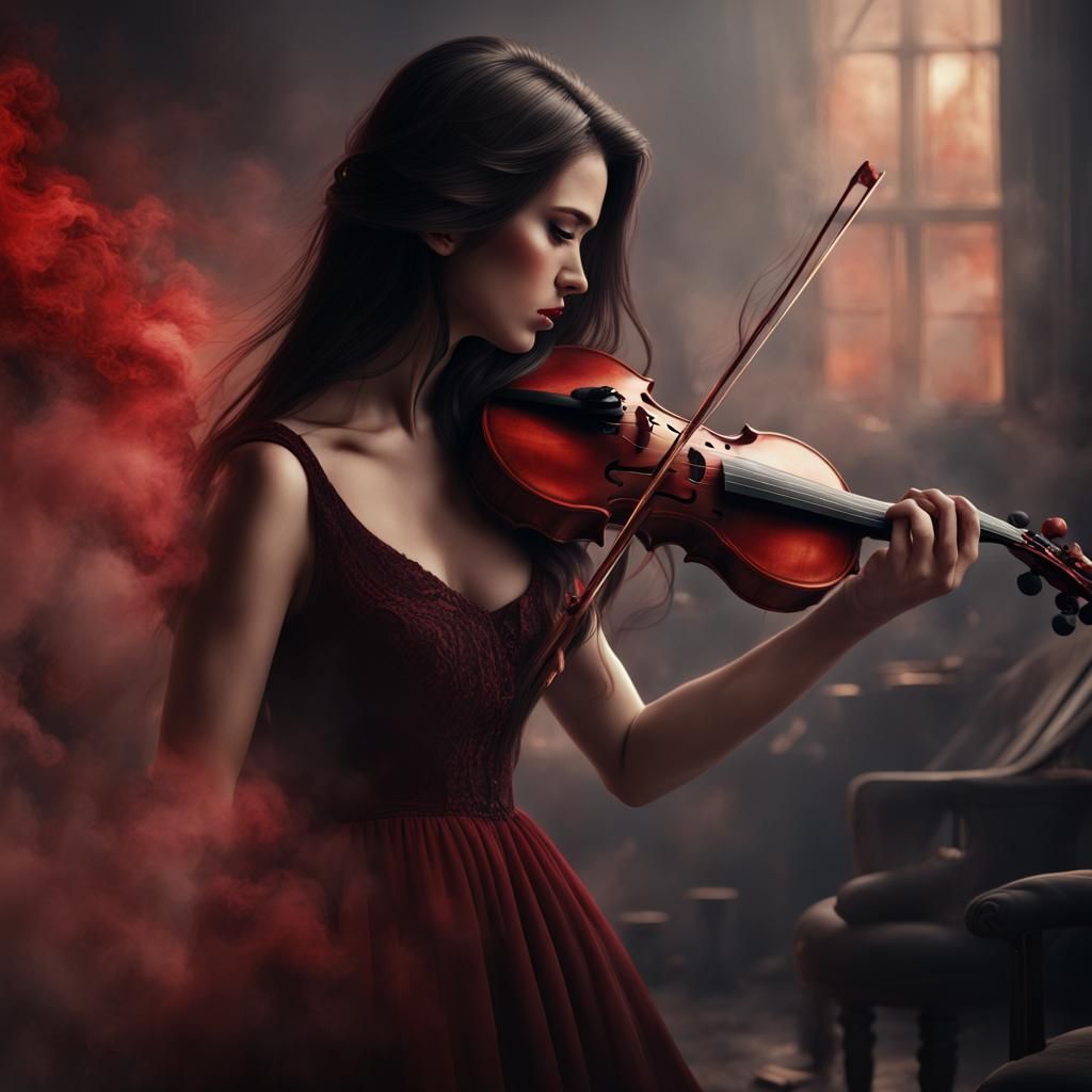 Dramatic Violinist in Red Smoke