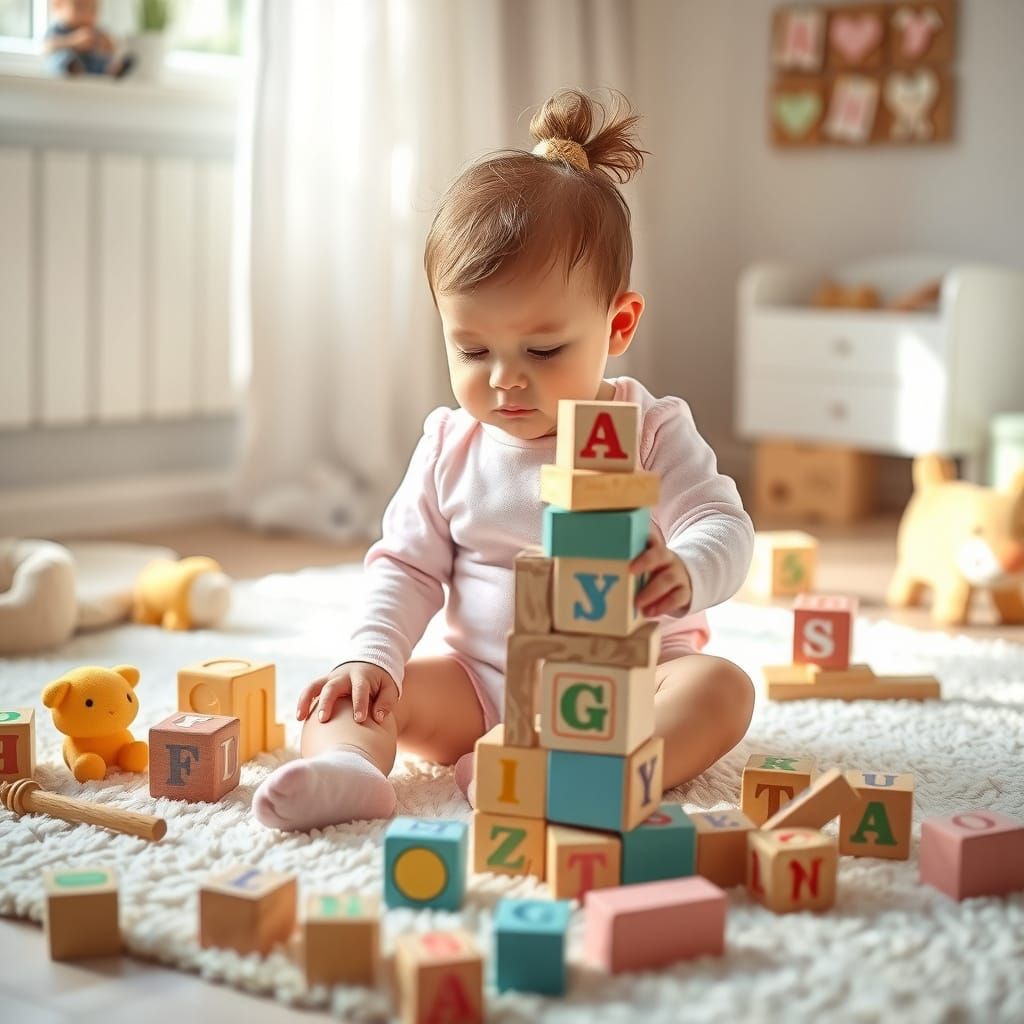 Cozy Baby Girl Stacks Blocks in Whimsical Nursery Scene