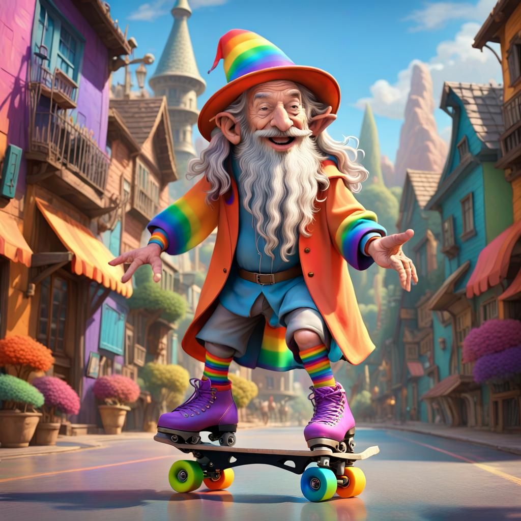 Gandalf Roller Skating in a Colorful World