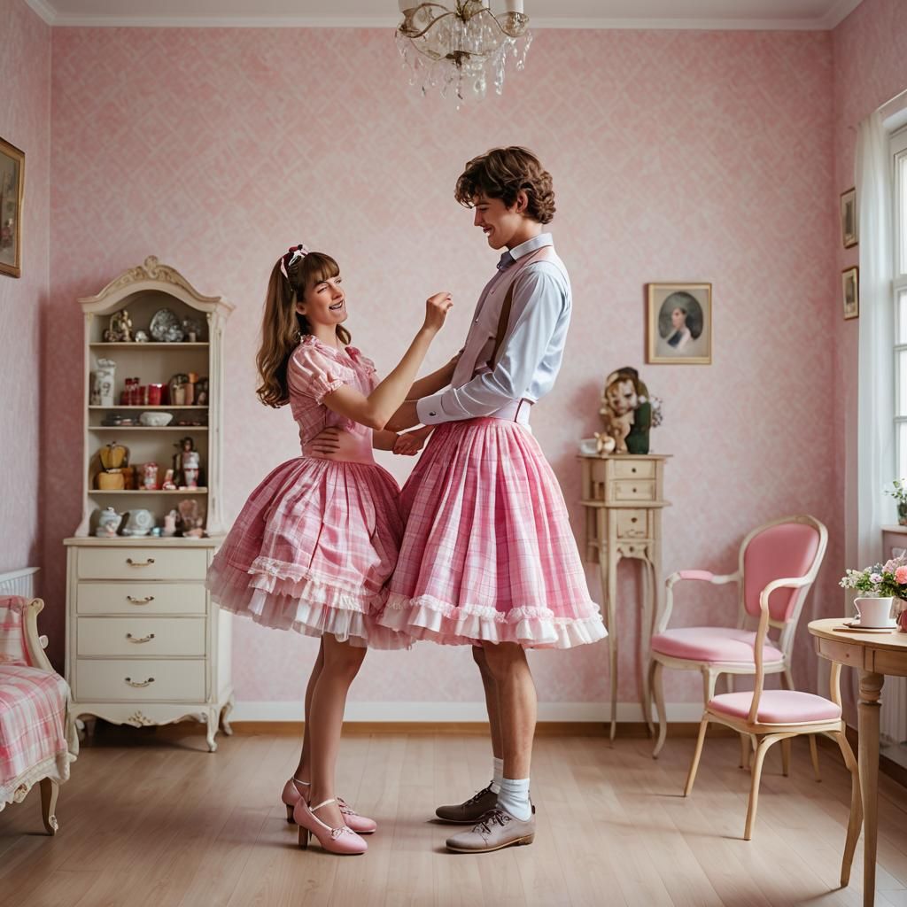 Girl Lifts Boy's Skirt: Plaid Dress Portrait