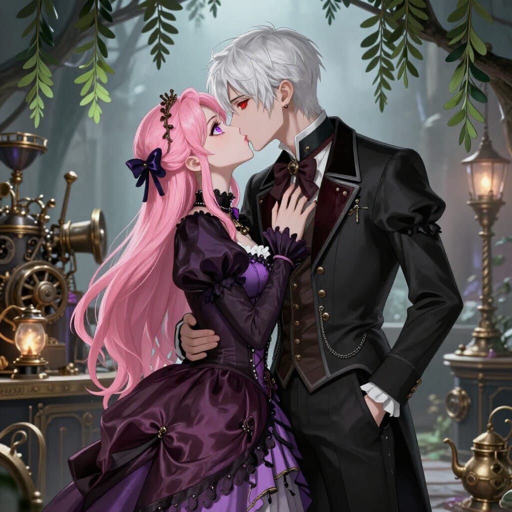 Gothic Couple Kiss Under Mistletoe in Steampunk Style