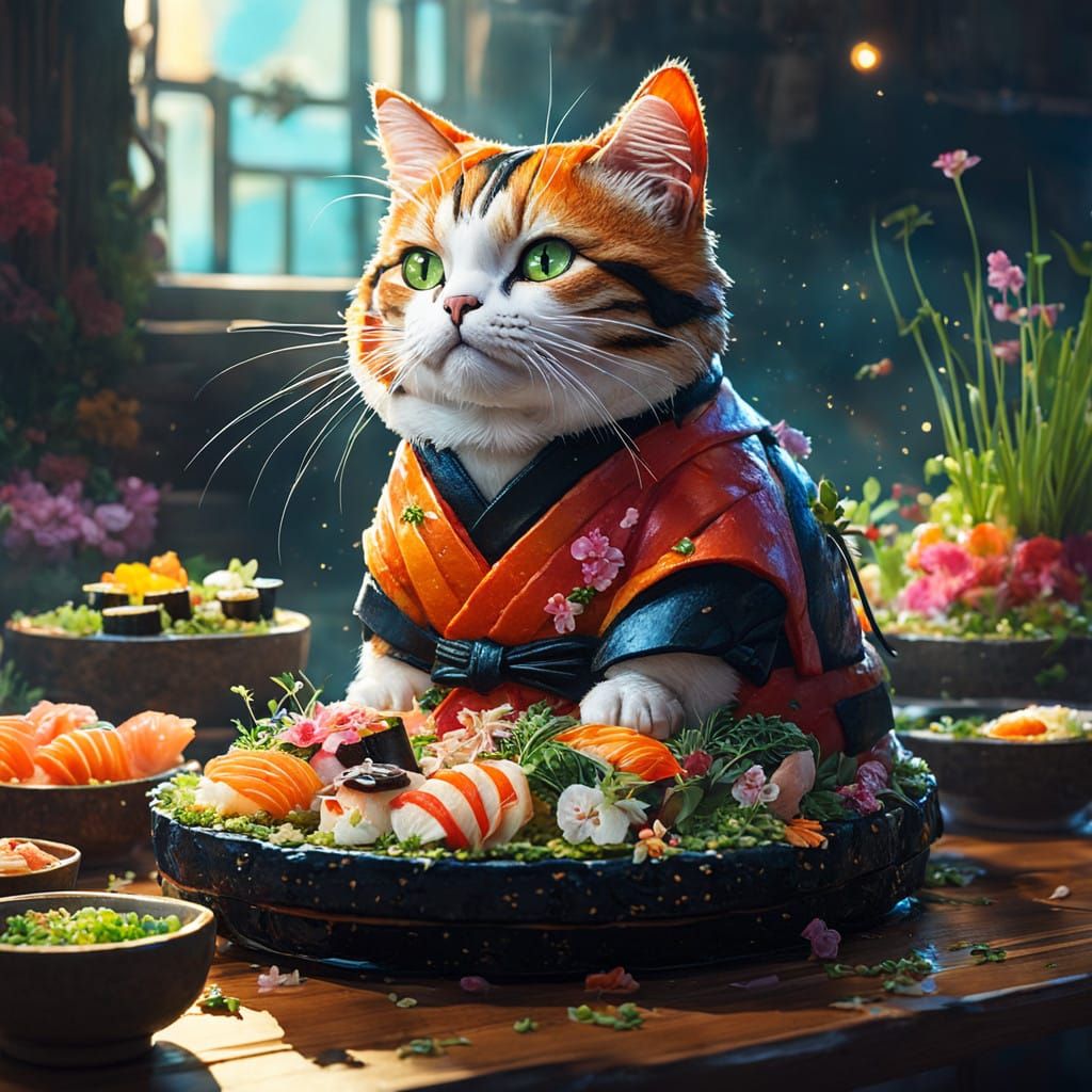 Vibrant Cat Sushi Chef in Dramatic Splash Art Style