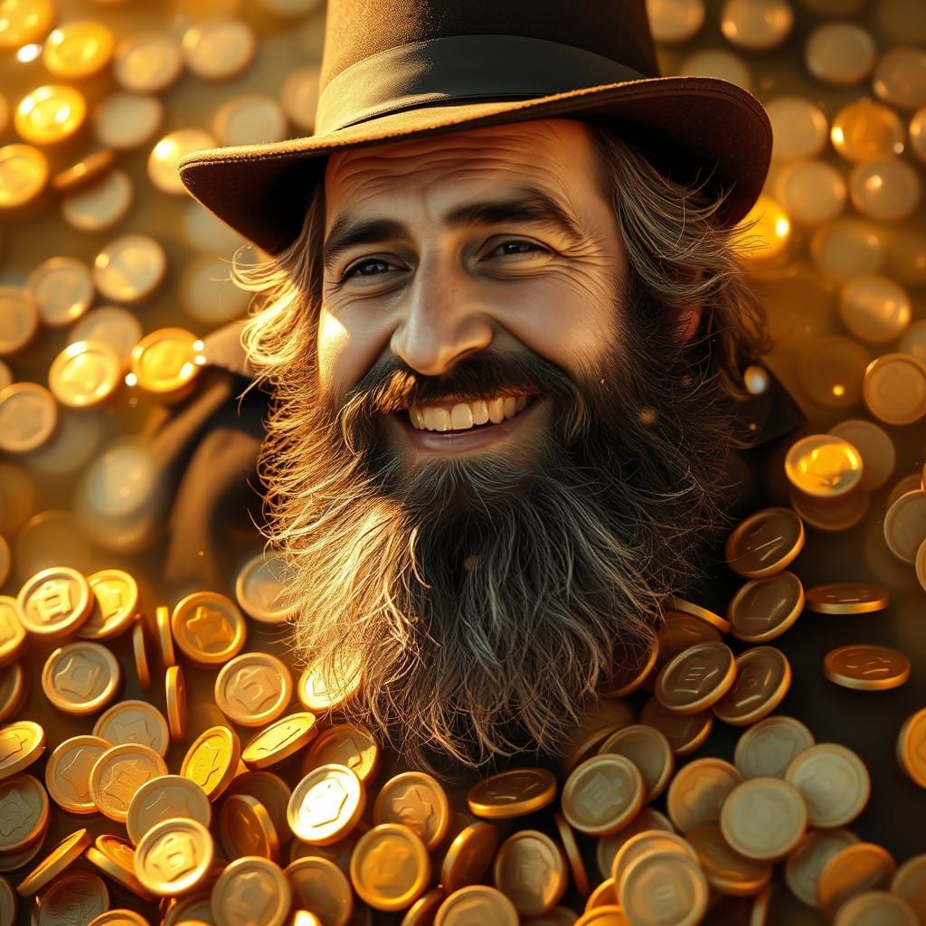 Devout Hasidic Jew Surrounded by Opulent Silver Coins in Vib...