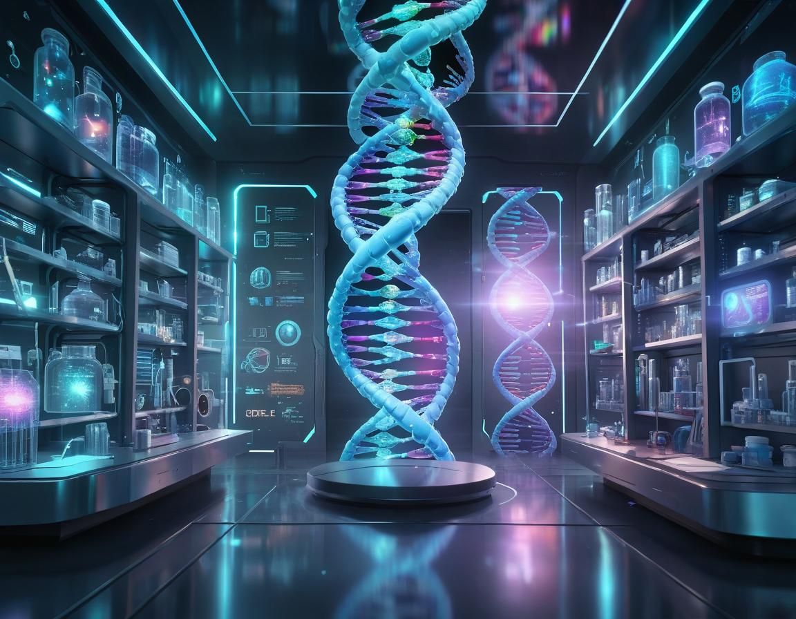 Futuristic Lab with Holographic DNA in Beeple Style