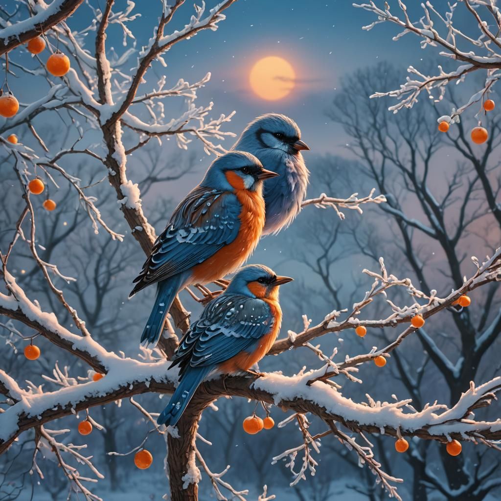 Twilight Bird Family in Snowy Landscape