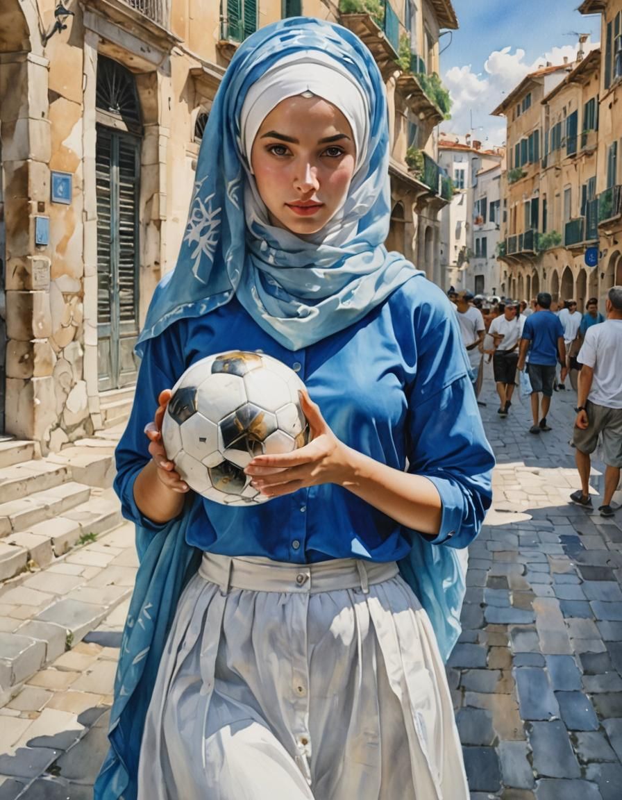 Italian Girl with Soccer Ball: Watercolor Portrait