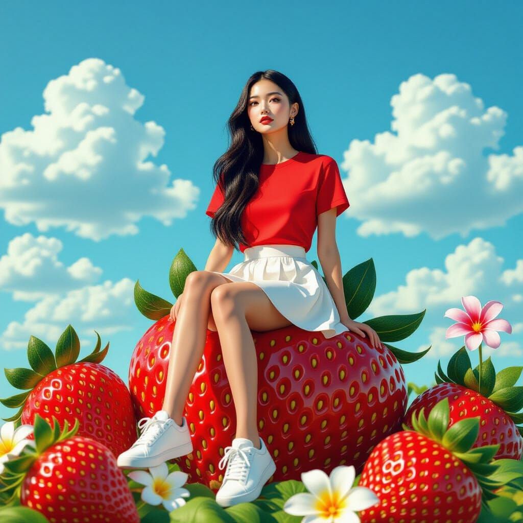 Girl on Strawberry in Hyperrealistic Style