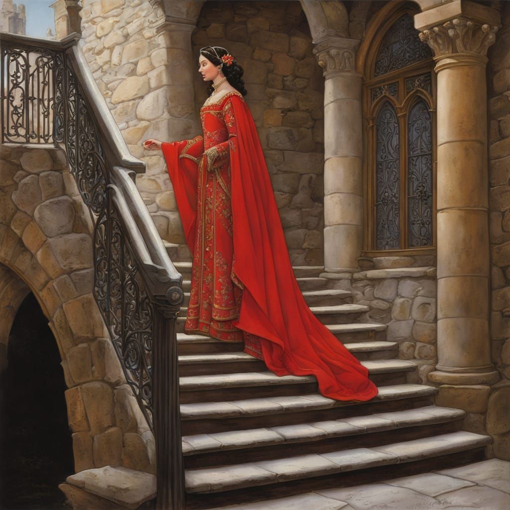 Medieval Woman Descends Grand Stairs in Red Gown