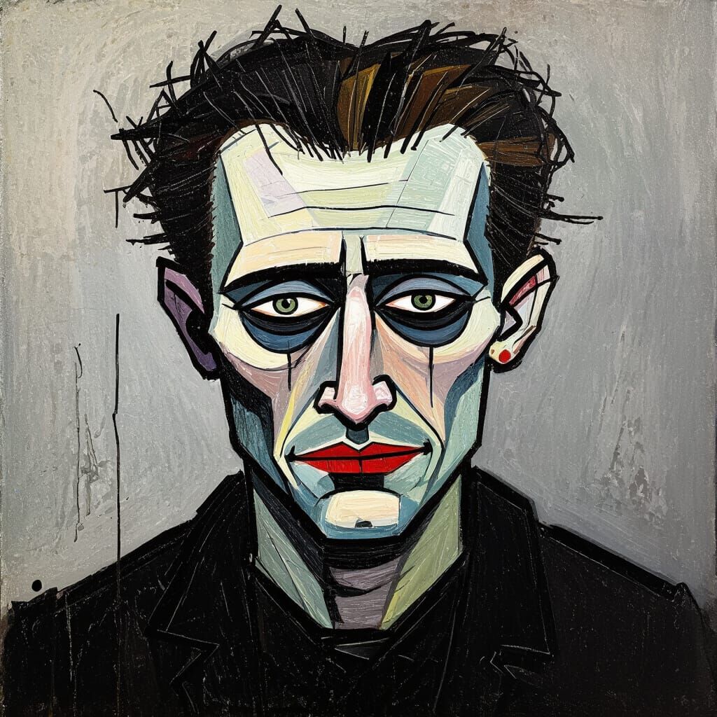 Eerie Expressionist Portrait with Pale Skin and Dark Clothin...