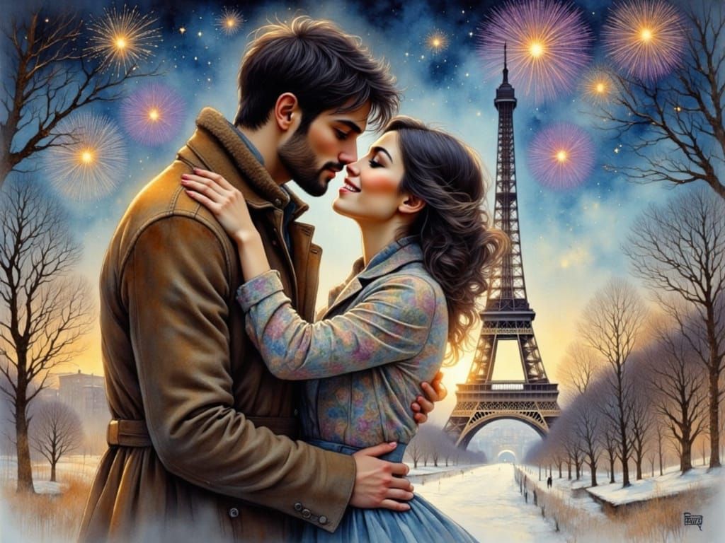 Parisian New Year's Eve Kiss in Watercolor Style