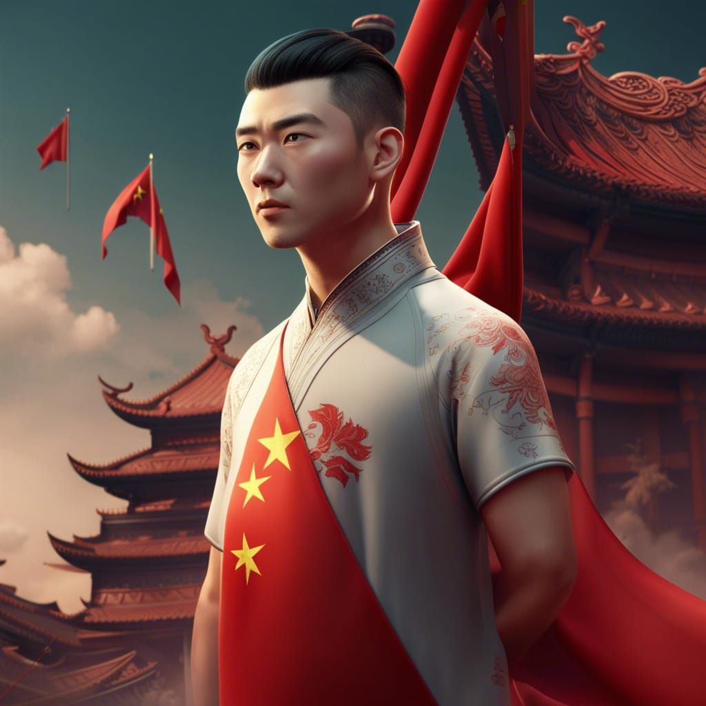 Handsome 3D Chinese Character with Flag Backdrop