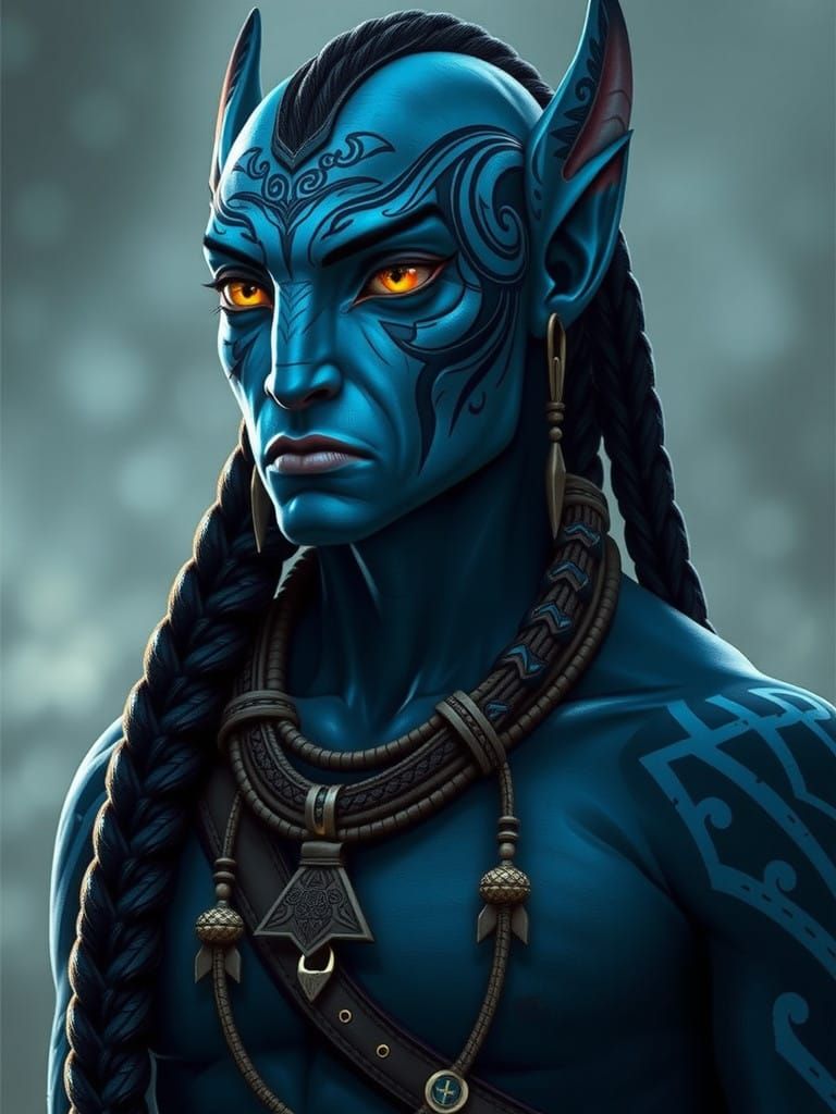 Tall Blue Na'vi Male with Intricate Patterns and Golden Eyes