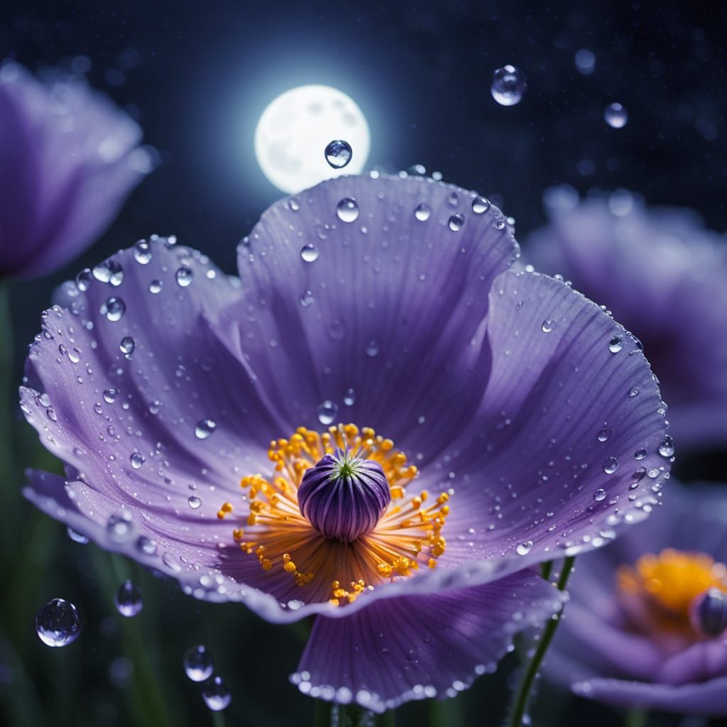 Ethereal Purple Poppy With Dew Drops in Moonlight