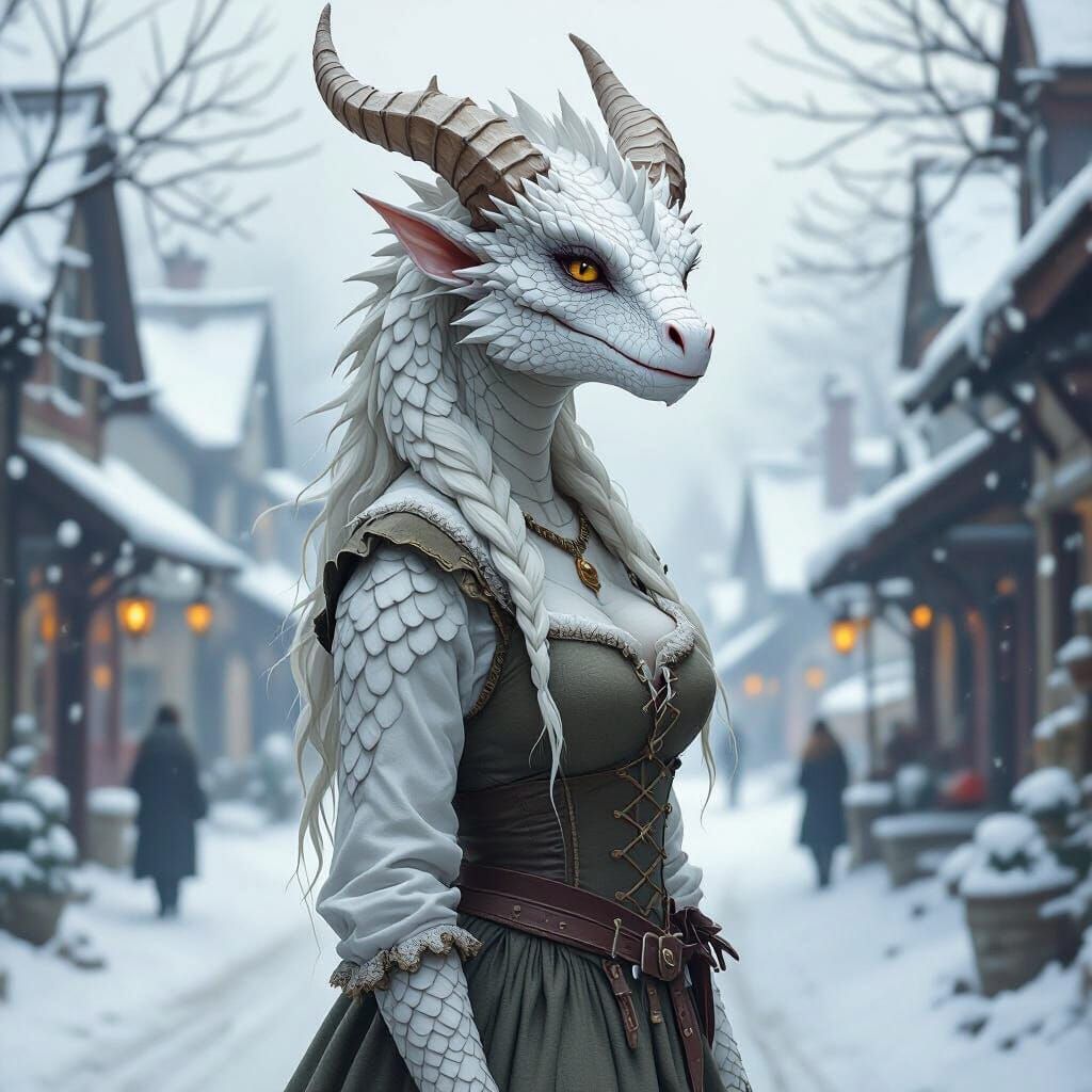 Dragonborn Peasant in Snowy Village
