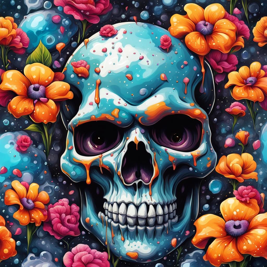 Skull Surrounded by Dewy Flowers in Graffiti Art