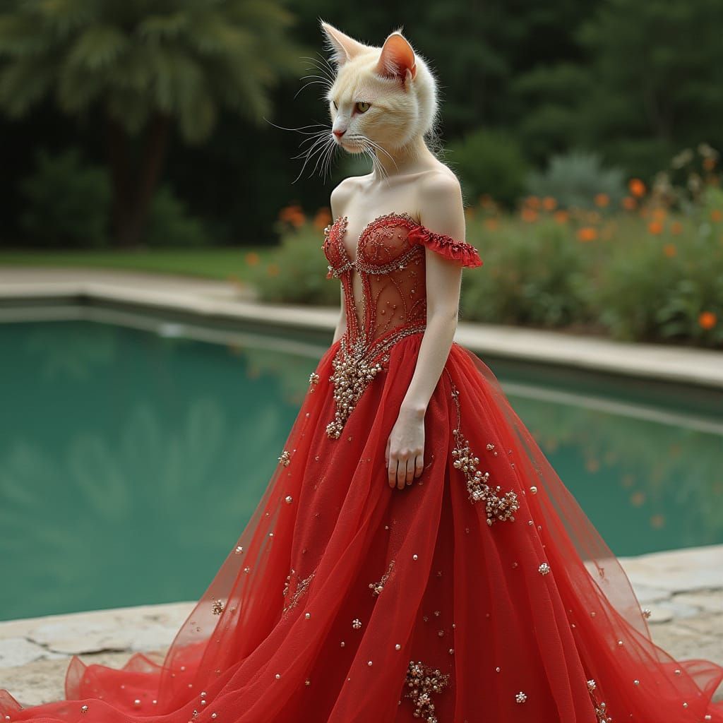 Cat in Elegant Gown by Serene Pool