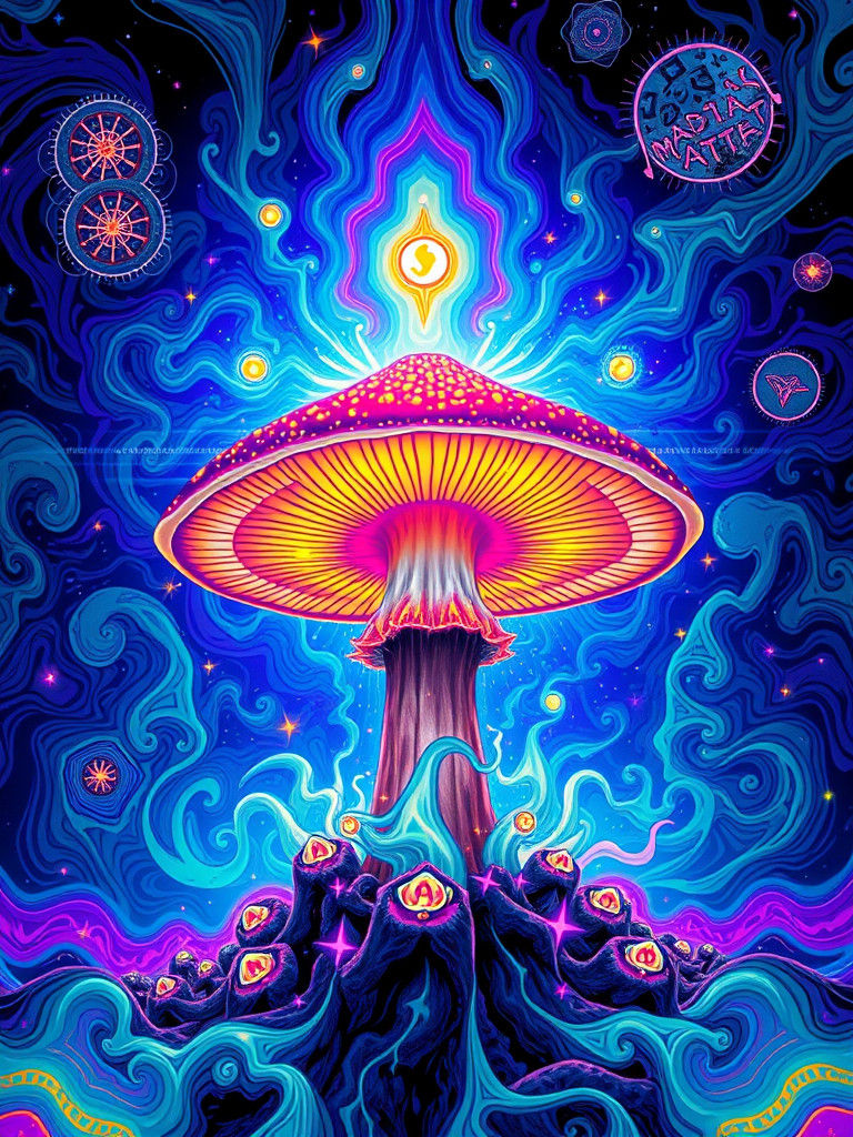 Mystical Mushroom with DMT Patterns in Neon Blacklight