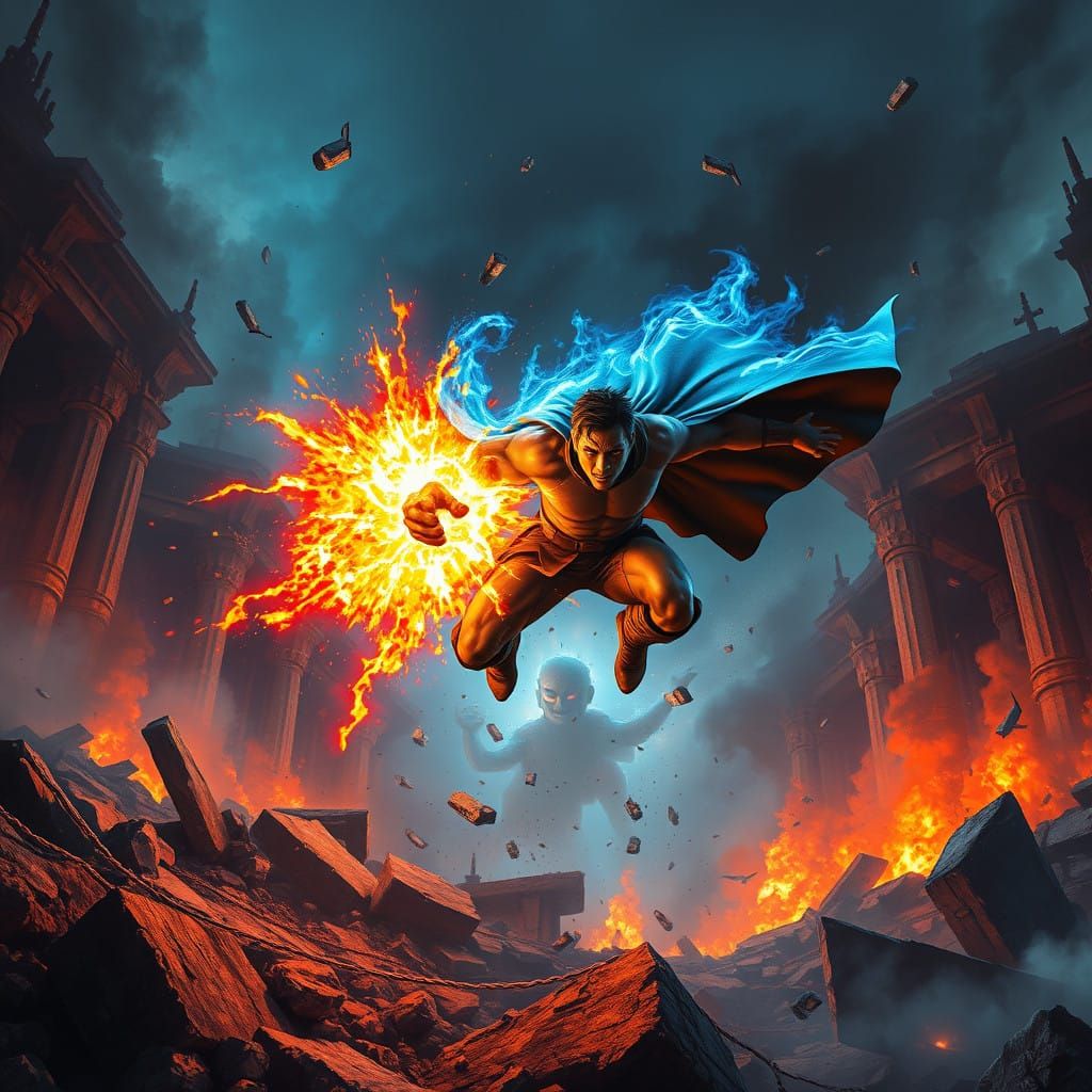 Dynamic Vigilante in Action, Unleashing Energy Amidst Ancien...