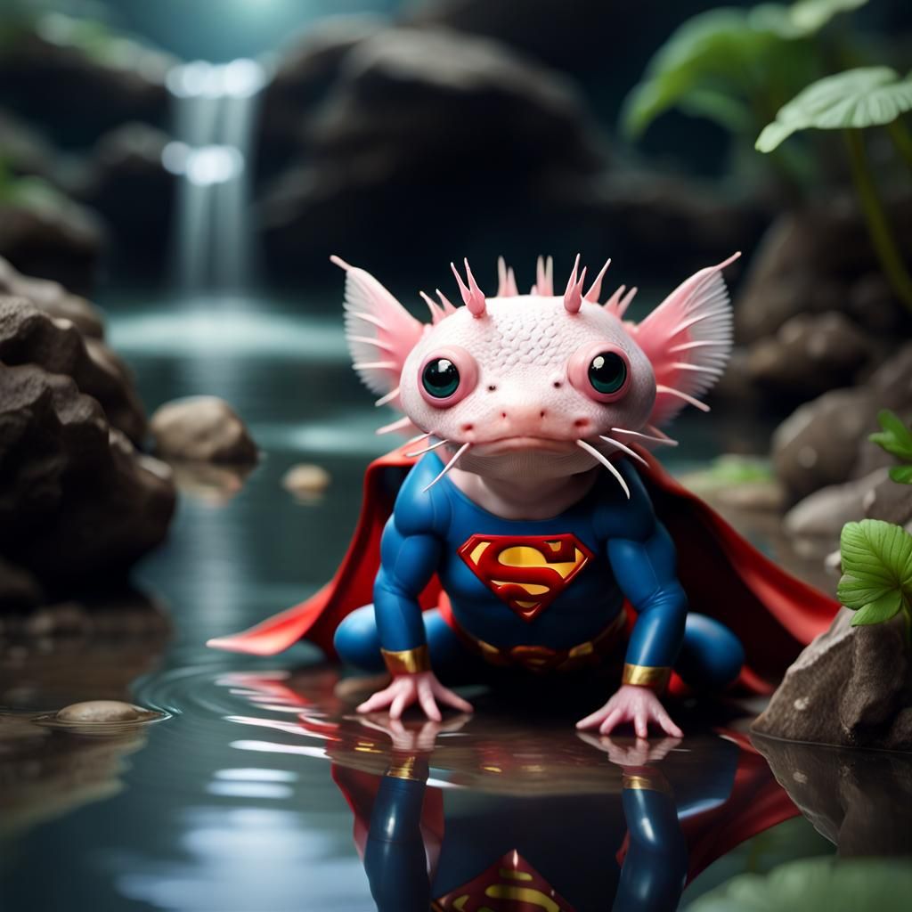 Axolotl Superhero Taking a River Dip