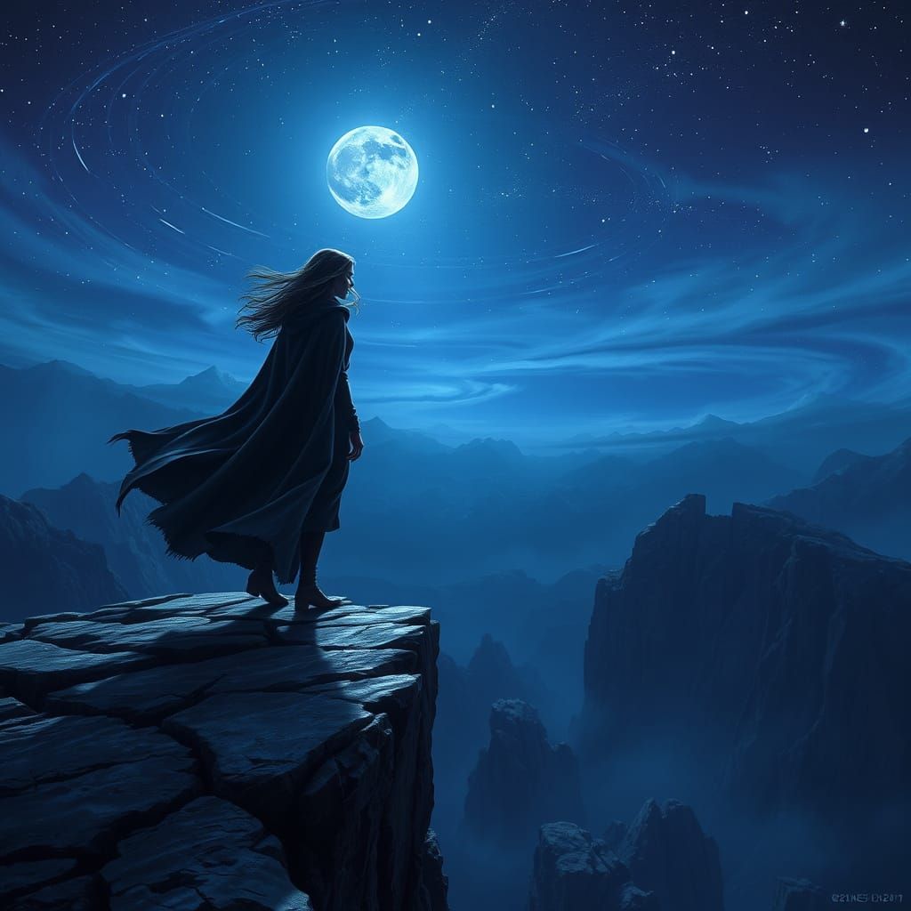 Woman Standing at Cliff's Edge Under Starry Night Sky