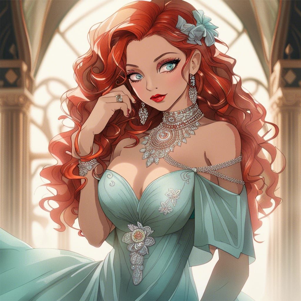 Voluptuous Woman with Fiery Hair in Fantasy Setting