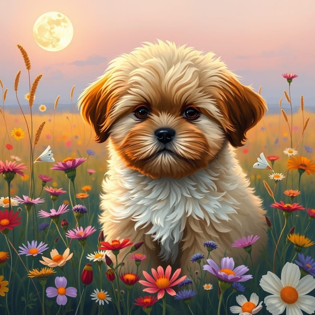 Whimsical Shih Tzu Puppy in Wildflower Field at Full Moon