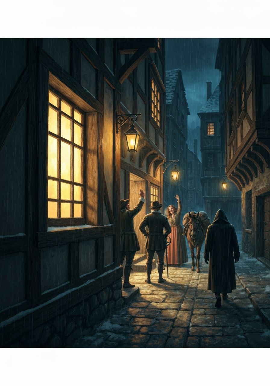 Medieval Tavern Window on Snowy Night