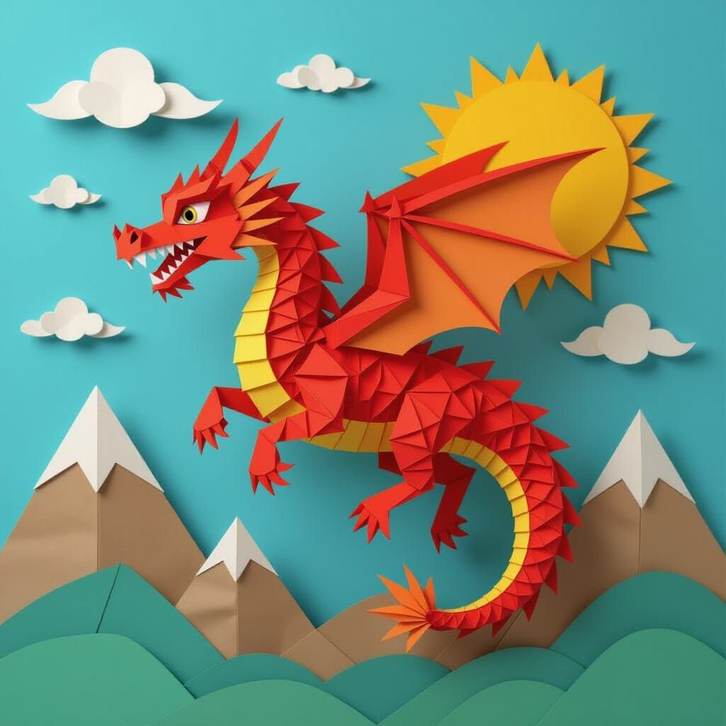 Origami Dragon Soars Through Paper Sky
