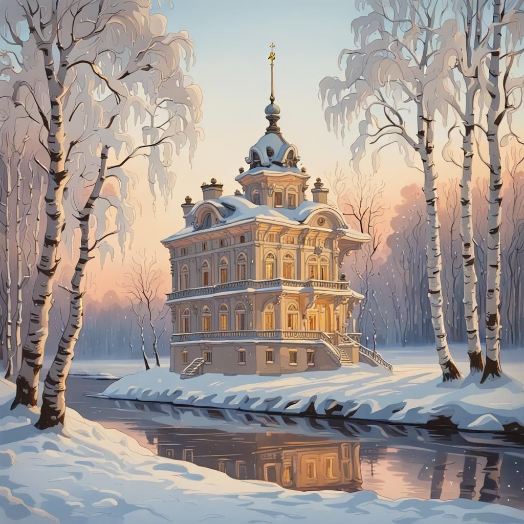 Snowy Rococo Lodge in Saint Petersburg, Gouache Painting