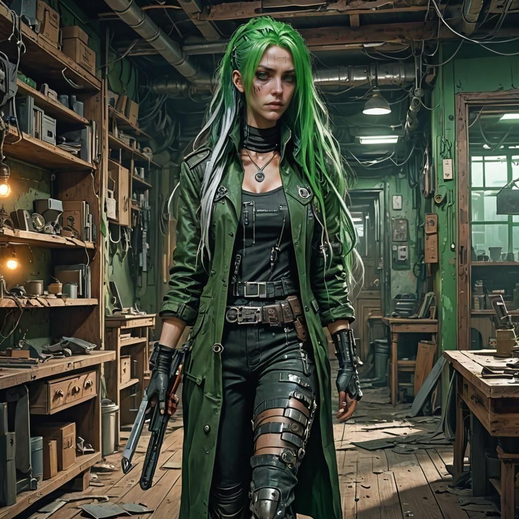 cyberpunk Biopunk lady with long flowing green hair with silver streaks, walking through a dystopian home, the lady is h...