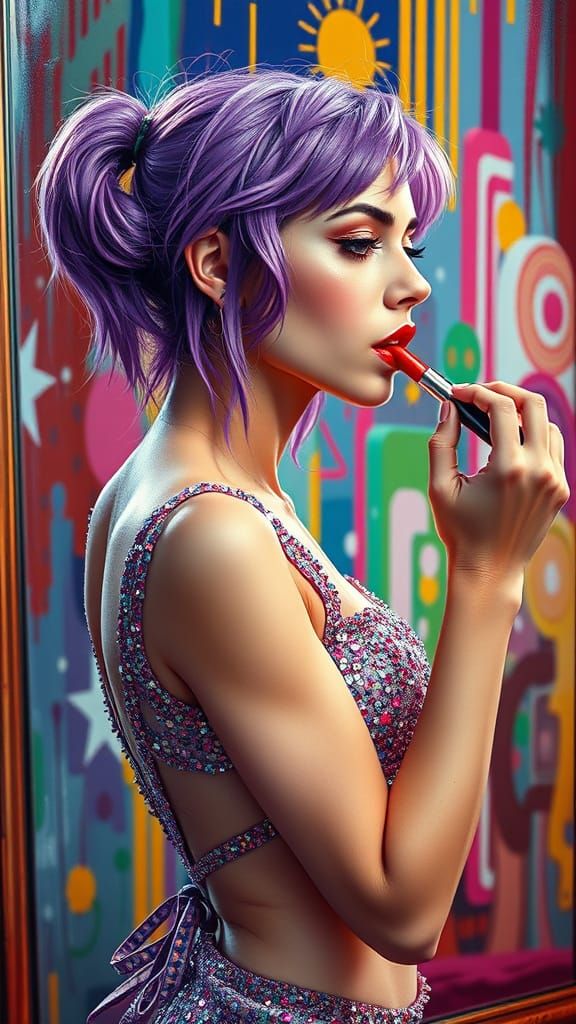 Glamorous Woman Applying Lipstick with Colorful Detail