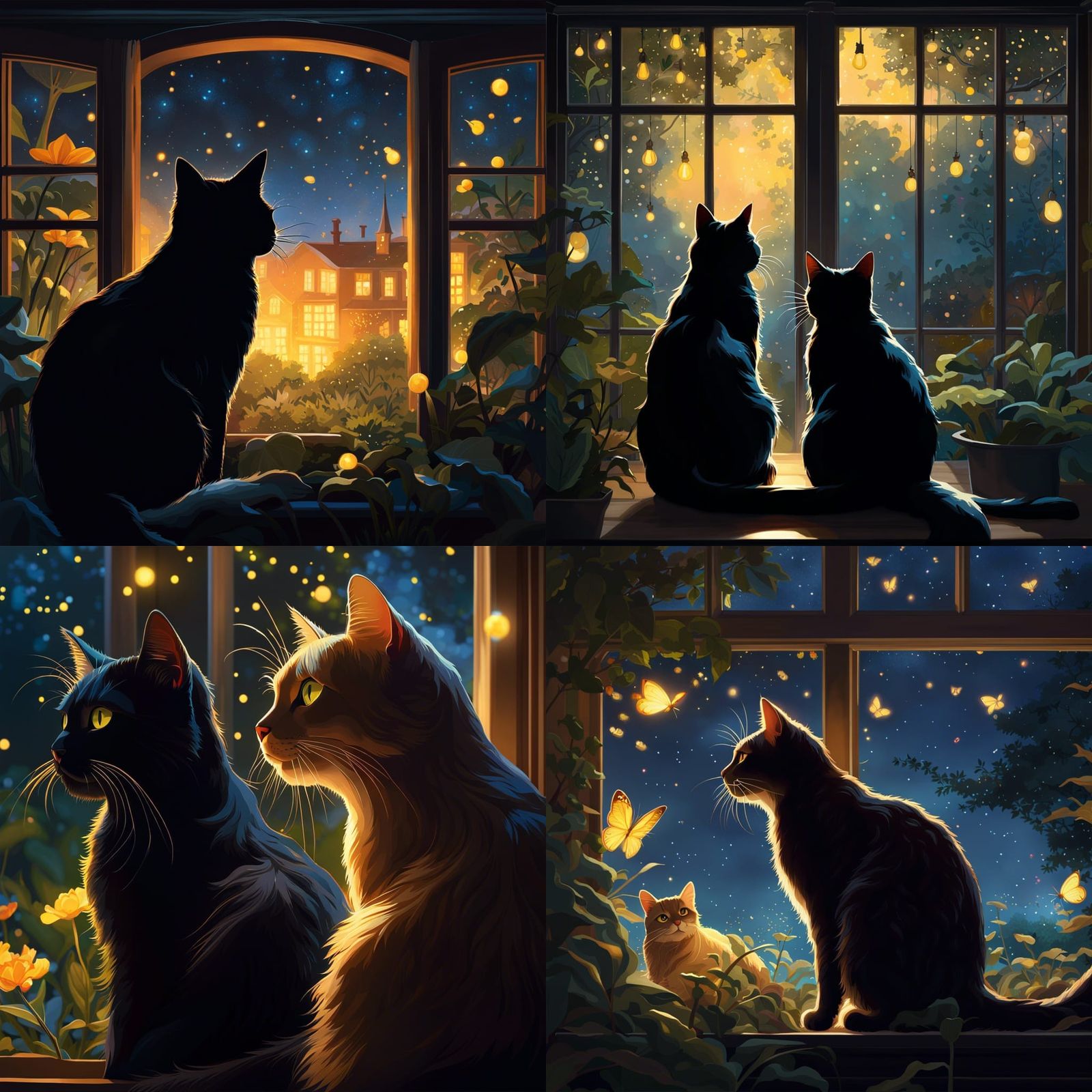 Cats and Fireflies in Garden at Twilight