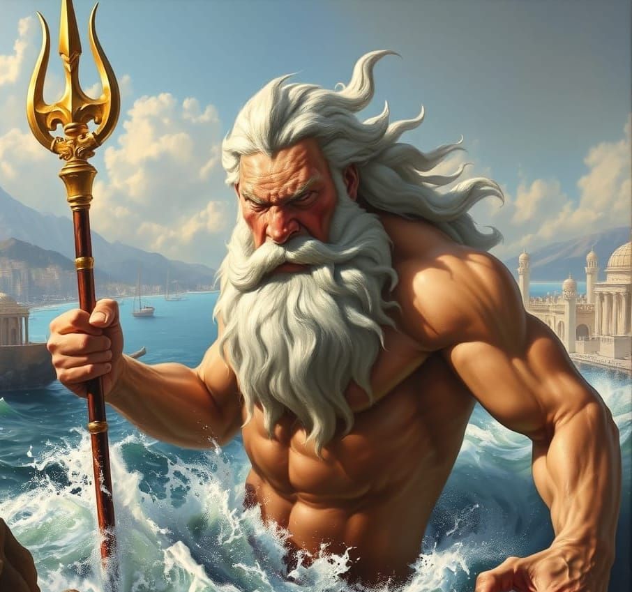 Poseidon Rises as a Colossal Merman in Ancient Greek Seaport