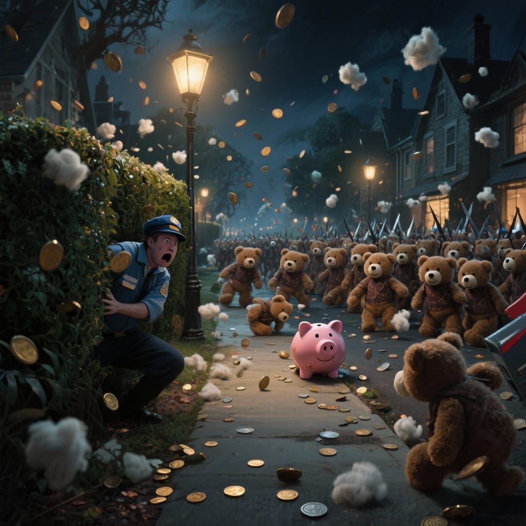 Epic Battle: Piggy Banks vs. Teddy Bears on Suburban Street
