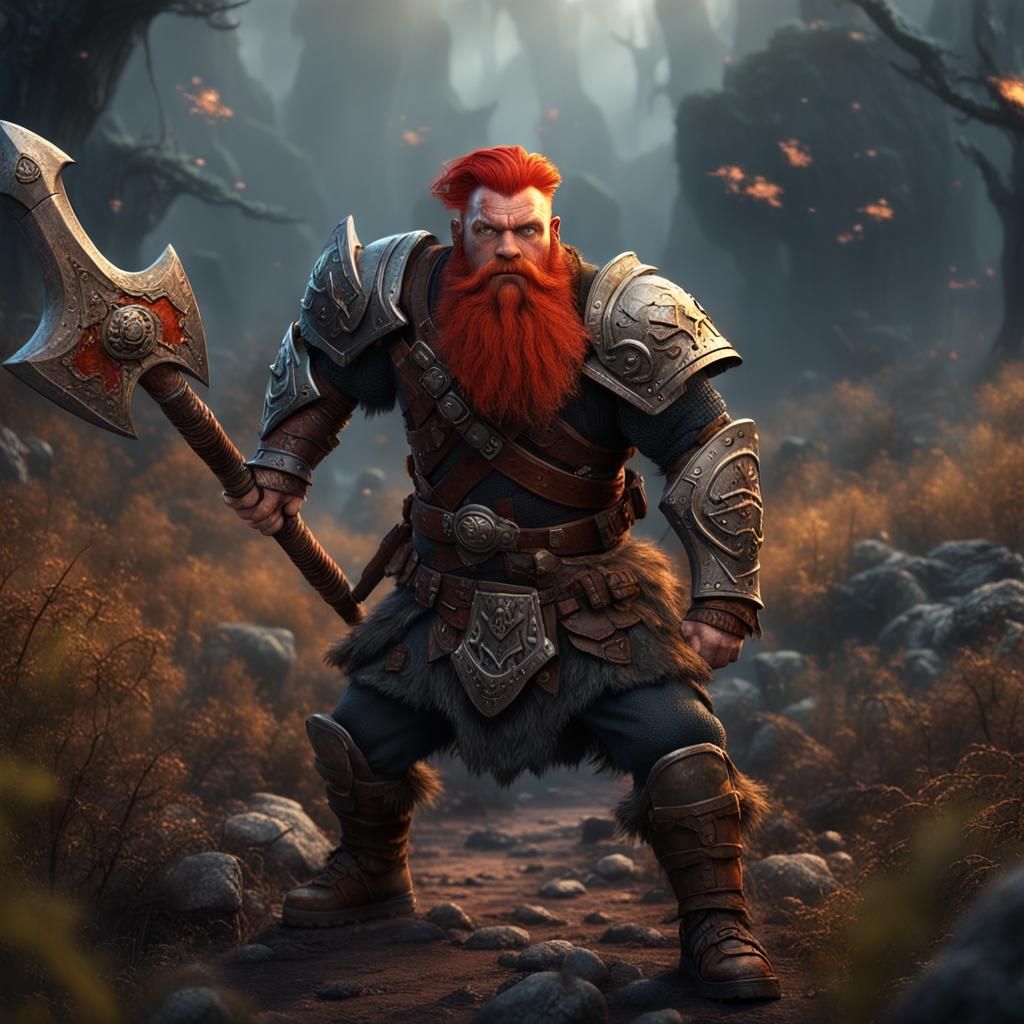 Haunted Red-Haired Dwarf Warrior in the Wilds