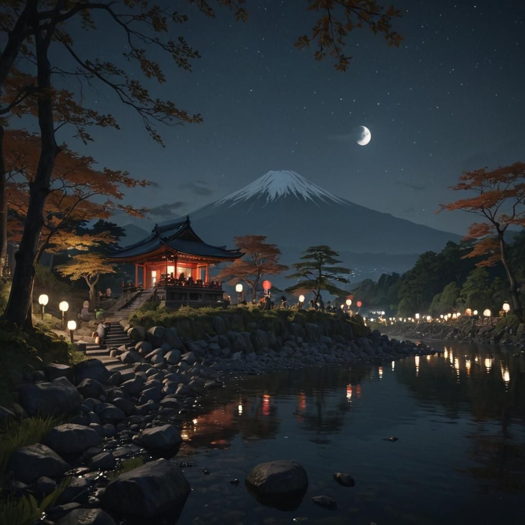 Hyperrealistic Nighttime Scene of Mount Fuji and Temple