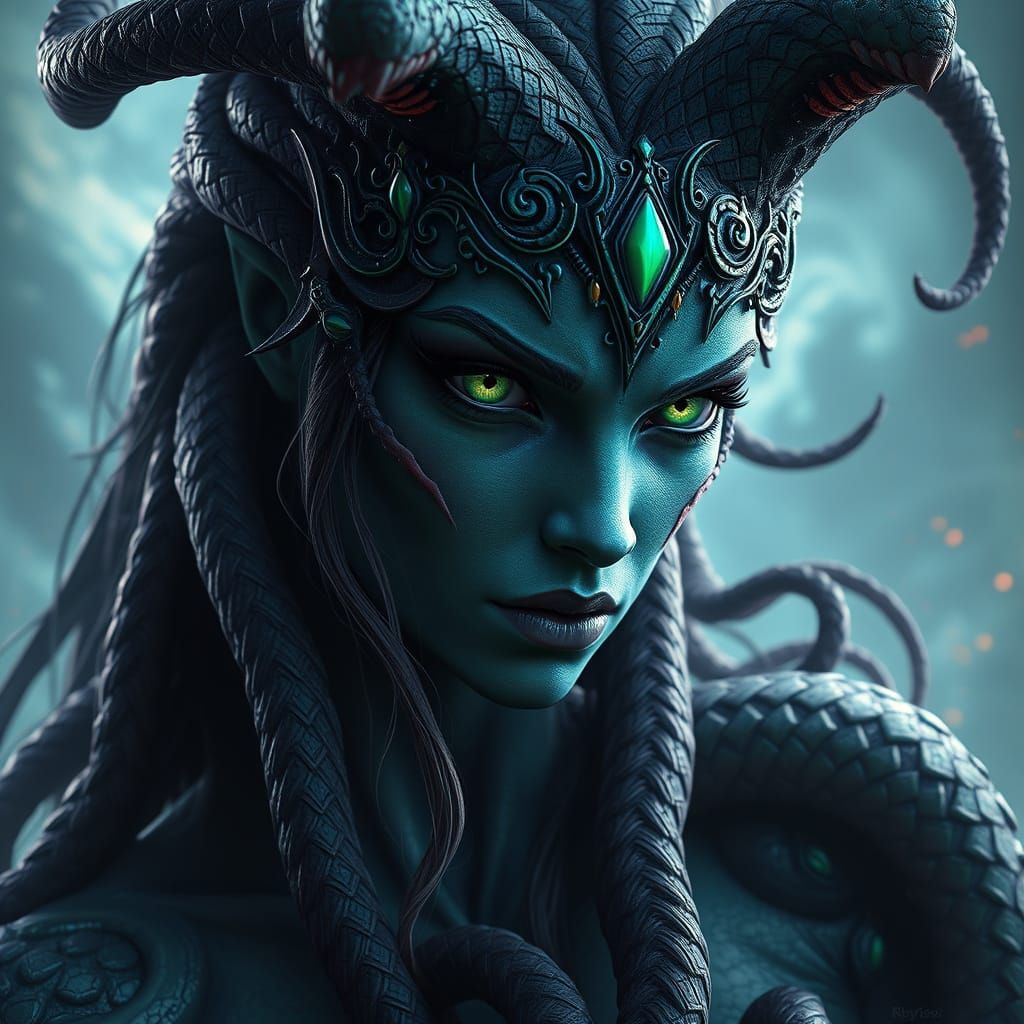 Medusa in the style of Yossi Kotler... green eyes... snake l...