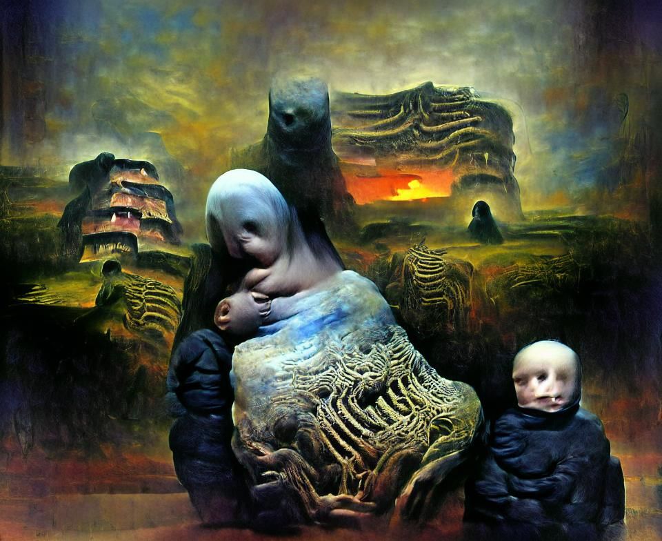 Surreal Landscape with Mother and Child Figure