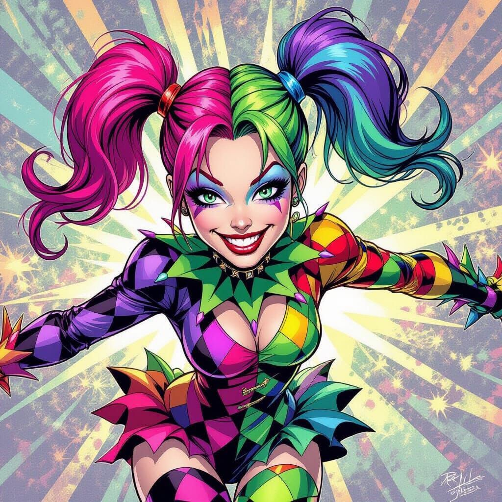 Jester Girl with Purple Green Hair Comic Style