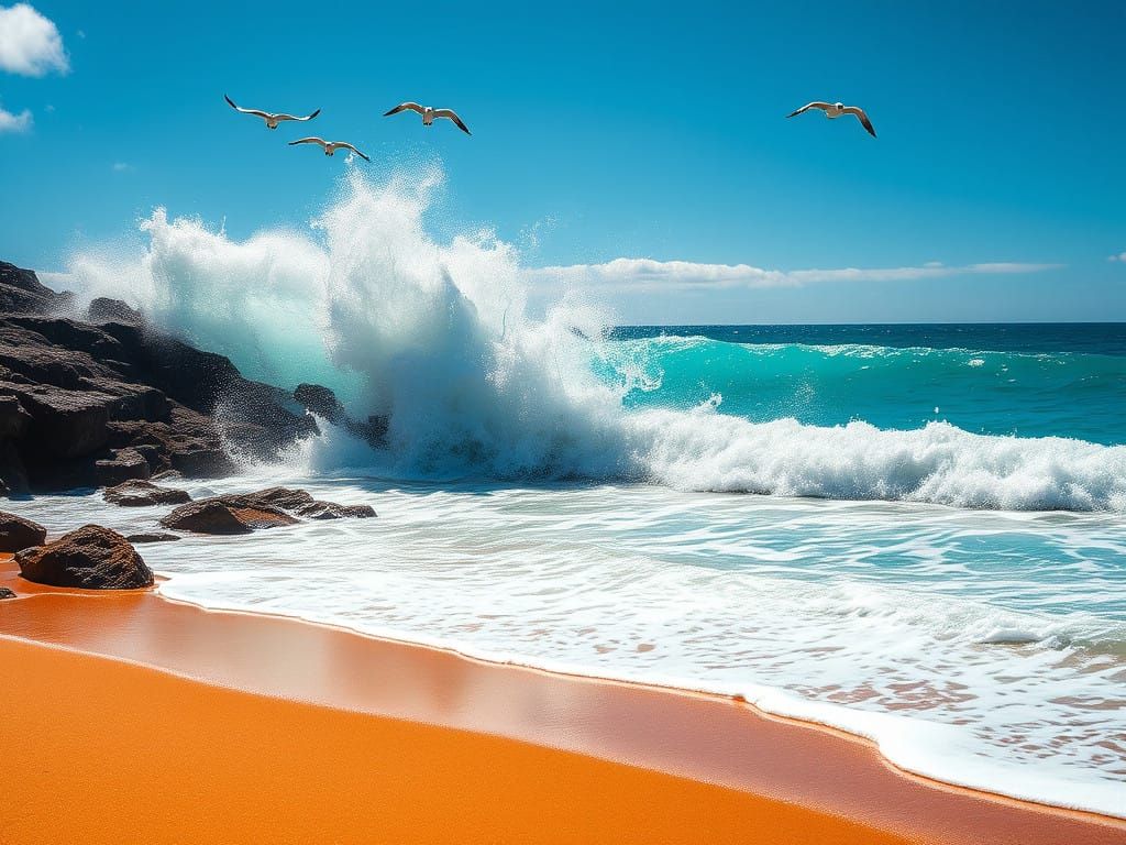 Turquoise Waves Collide with Rocky Shoreline in Vibrant Fant...