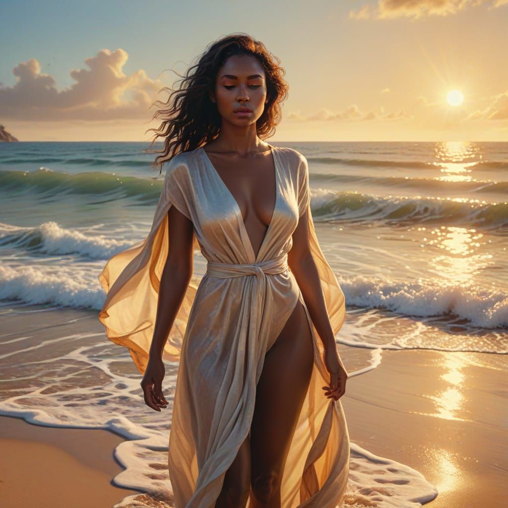 Ethereal Woman on Tropical Beach at Golden Hour