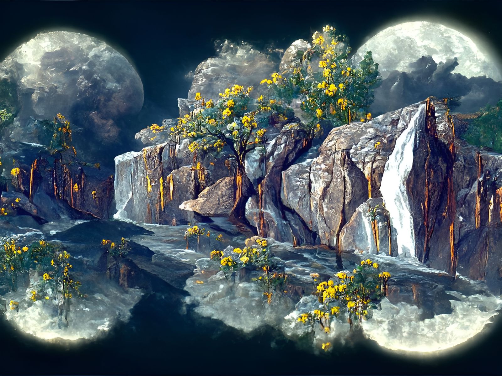 Night Mountain Waterfall Reflecting Lake: Concept Art